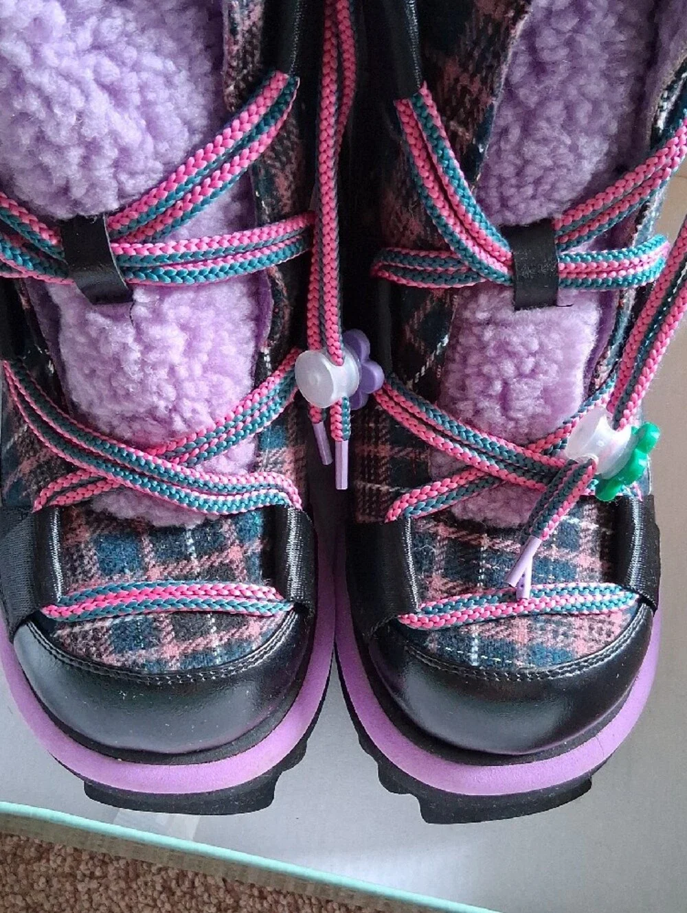 STRAP IT UP Irregular Choice Black/Purple Plaid Platform Boots, Size 11